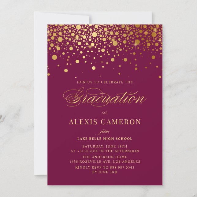 Invitation Faux Gold Foil Confetti Dots Purple Graduation (Devant)