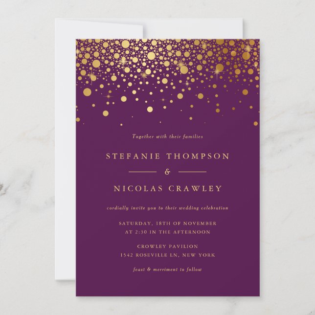 Invitation Faux Gold Foil Confetti Dots Purple Mariage (Devant)