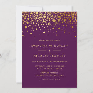 Invitation Faux Gold Foil Confetti Dots Purple Mariage