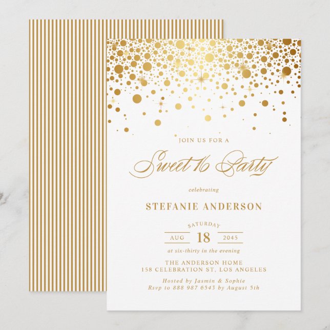 Invitation Faux Gold Foil Confetti Dots Sweet 16 Party (Devant / Derrière)