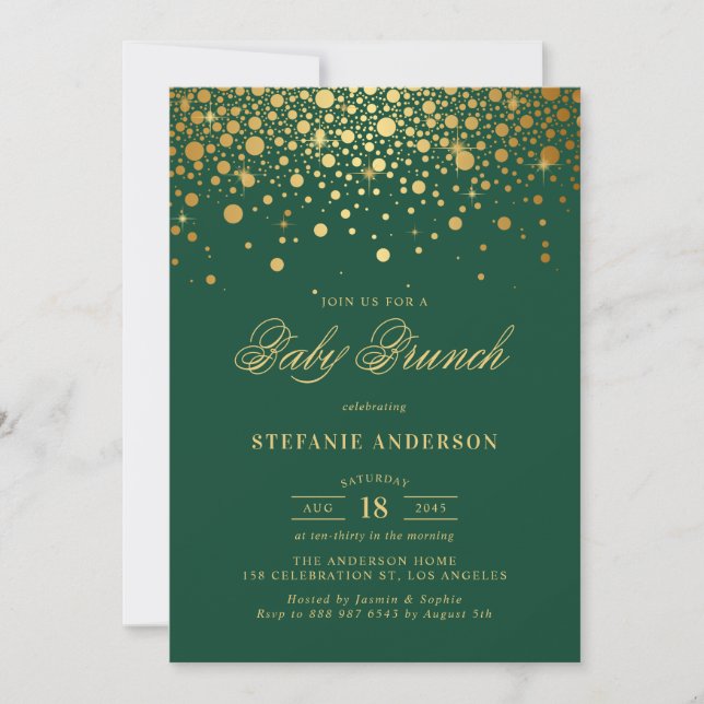 Invitation Faux Gold Foil Confetti Green Baby Brunch (Devant)