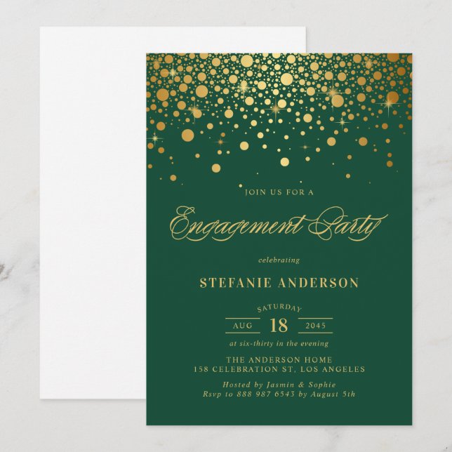 Invitation Faux Gold Foil Confetti Green Engagement (Devant / Derrière)