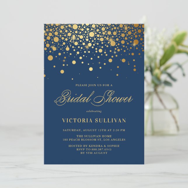 Invitation Faux Gold Foil Confetti Marine Blue Fête des marié (Debout devant)