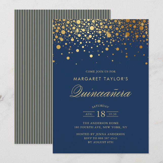 Invitation Faux Gold Foil Confetti Marine Blue Quinceañera (Devant / Derrière)