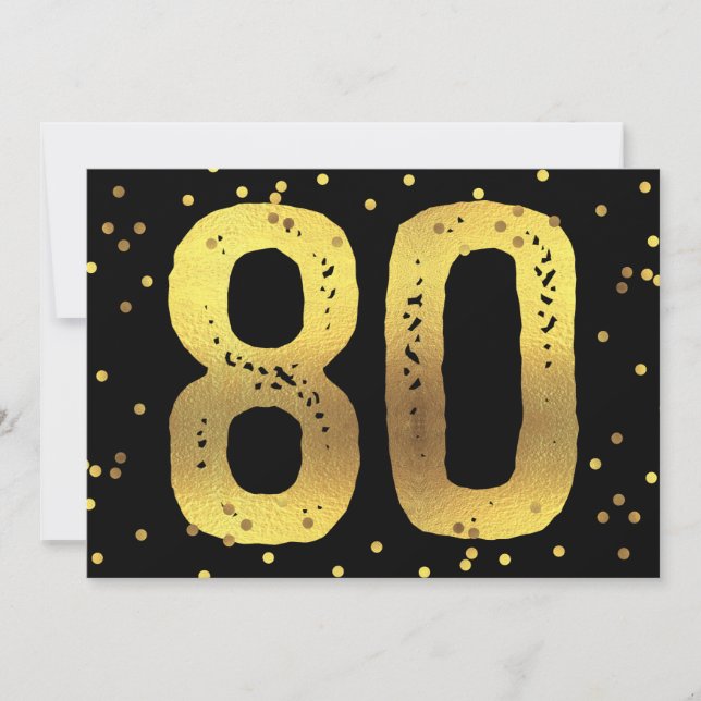 Invitation Faux Gold Foil Confetti Noir 80e anniversaire (Devant)