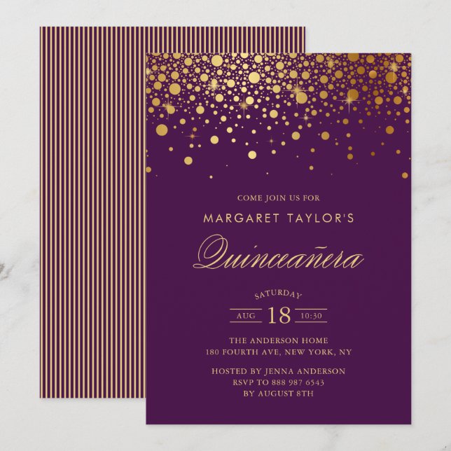 Invitation Faux Gold Foil Confetti Purple Quinceañera (Devant / Derrière)