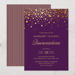 Invitation Faux Gold Foil Confetti Purple Quinceañera