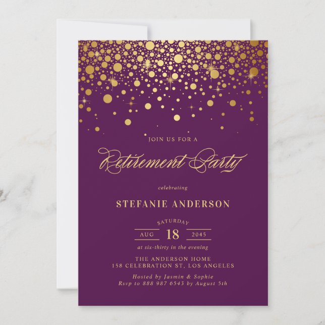 Invitation Faux Gold Foil Confetti Purple Retirement Party (Devant)