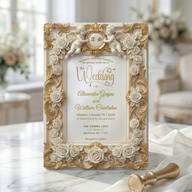 Invitation Faux Gold Foil Embossed Style Baroque Monogram (Créateur téléchargé)