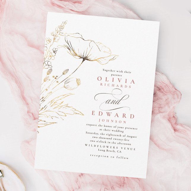Invitation Faux Gold Foil Fleurs sauvages Dusty Pink Mariage (Wildflowers Wedding Invitation)