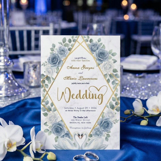 Invitation Faux Gold Foil Geometric Marble Blue Floral (Créateur téléchargé)