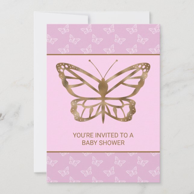 Invitation Faux Gold Foil Look Papillon - Baby shower pourpre (Devant)