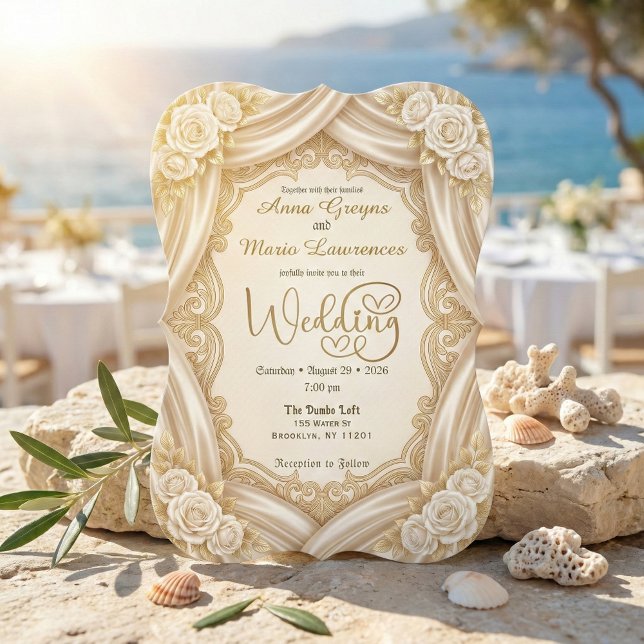 Invitation Faux Gold Foil Ornate Frame Printed Satin Wedding  (Créateur téléchargé)