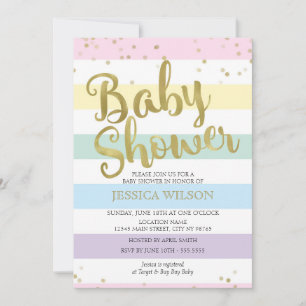 Invitation Faux Gold Foil, Pastel Rainbow Stripes Baby shower