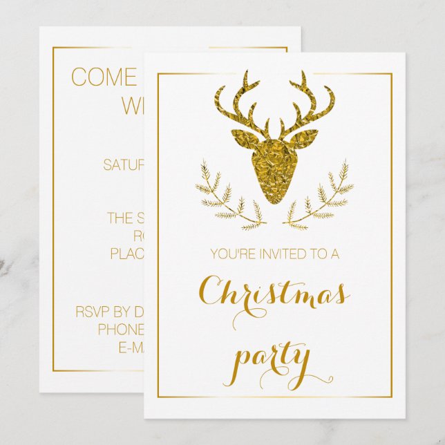 Invitation Faux Gold Foil Tête de Noël de cerf texturé (Devant / Derrière)