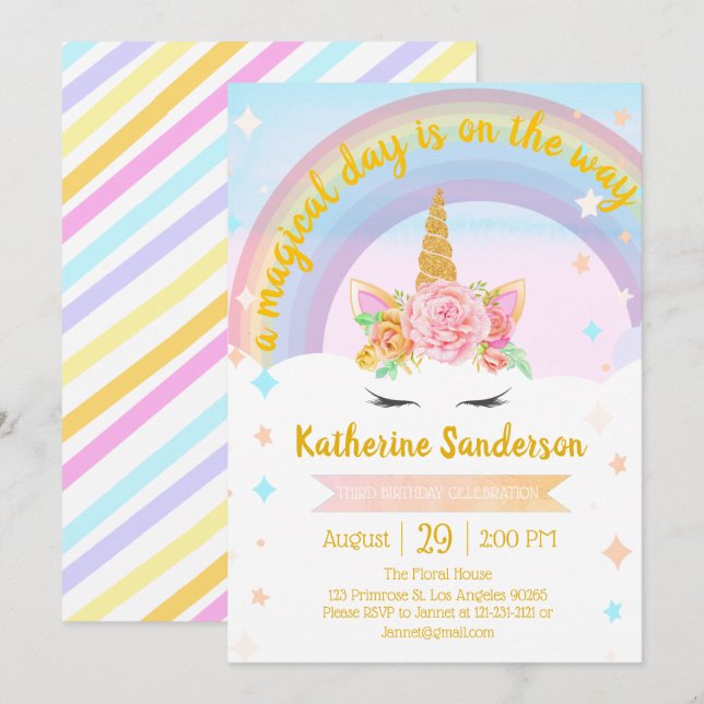 Invitation Faux Gold Girls Magical Unicorn Rainbow Birthday (Devant / Derrière)