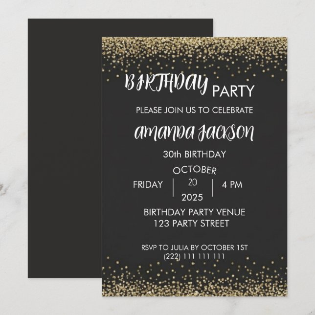 Invitation Faux Gold Glitter Black 30th Birthday (Devant / Derrière)