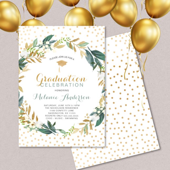 Invitation Faux Gold Greenery Wreath + confetti Graduation (Créateur téléchargé)