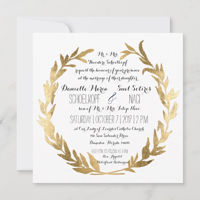 Invitation Faux Gold Laurel Wreath Olive Leaf Carré (Devant)