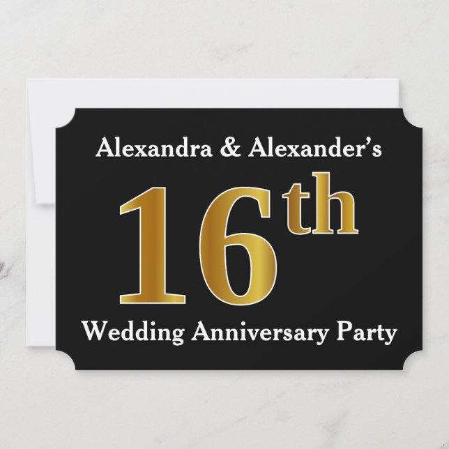 Invitation Faux Gold Look 16e fête Mariage Anniversaire (Devant)