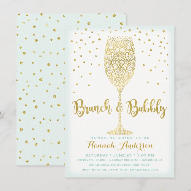 Invitation Faux Gold & Mint Brunch & Fête des mariées Bubbly (Devant / Derrière)
