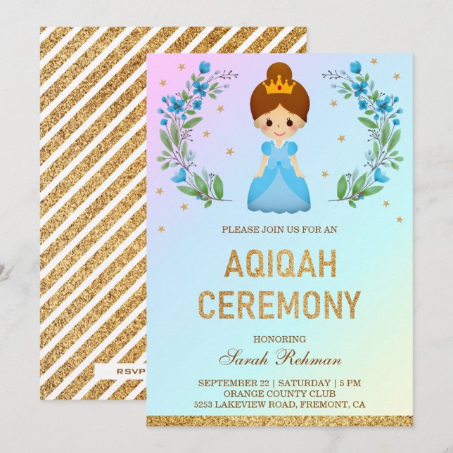 Invitation Faux Gold Parties scintillant Bleu mignon Princess (Devant / Derrière)