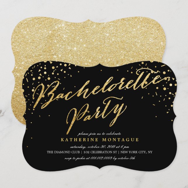 Invitation Faux Gold Parties scintillant Confetti Chic Bachel (Devant / Derrière)