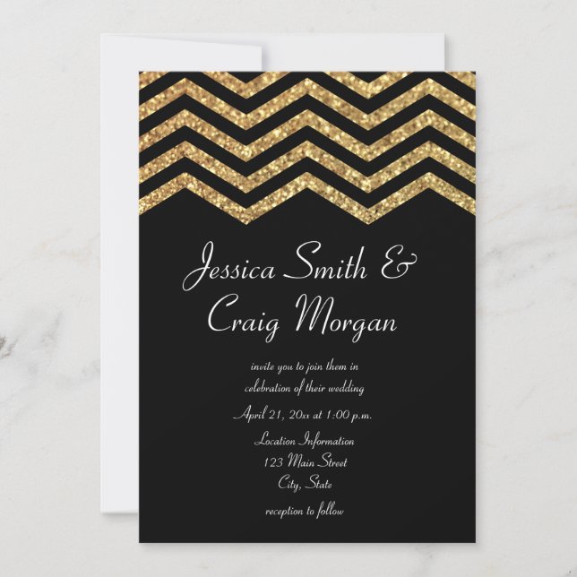 Invitation Faux Gold Parties scintillant et Black Chevron Mar (Devant)