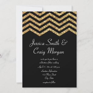 Invitation Faux Gold Parties scintillant et Black Chevron Mar