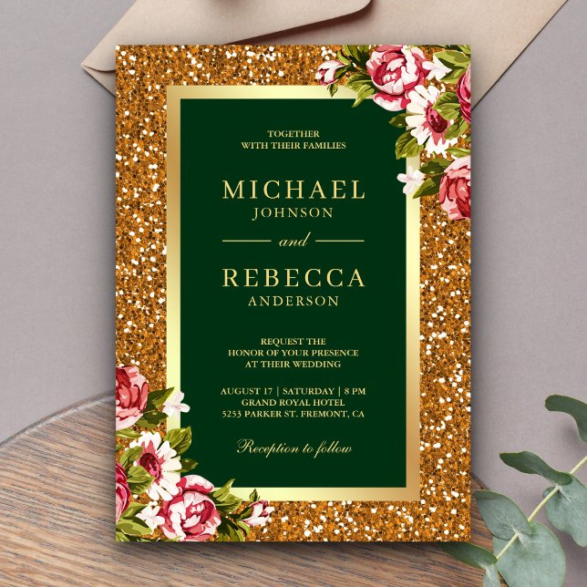 Invitation Faux Gold Parties scintillant Rose Floral Hunter M (Créateur téléchargé)
