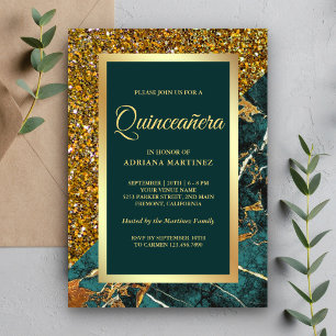 Invitation Faux Gold Parties scintillant Turquoise Marbre ver