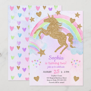 Invitation Faux Gold Parties scintillant Unicorn fille Annive