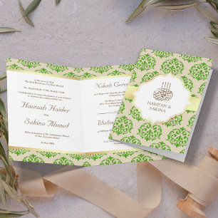 Invitation Faux Gold Pear Green Damask Mariage musulman