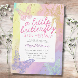 Invitation Faux Gold Rainbow Butterflies Girl Baby shower
