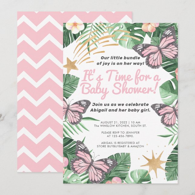 Invitation Faux Gold Star & Baby shower de fille papillon ros (Devant / Derrière)