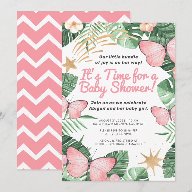 Invitation Faux Gold Star & Baby shower de fille papillon ros (Devant / Derrière)