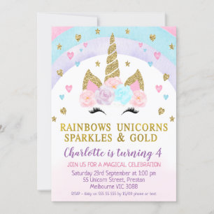 Invitation Faux Gold Unicorn Visage Rainbow Anniversaire Invi