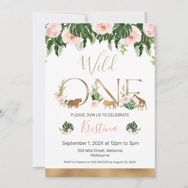 Invitation Faux Gold Wild One Floral Safari Anniversaire  (Devant)