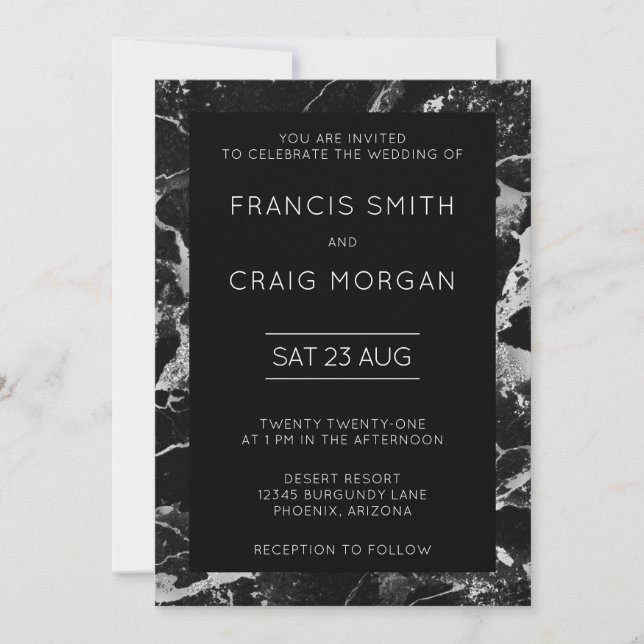 Invitation Faux Marbre noir et argent Mariage moderne (Devant)