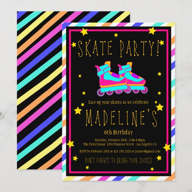 Invitation Faux Neon Roller Skate Chalkboard Arc-en-ciel Anni (Devant / Derrière)