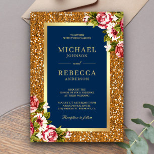 Invitation Faux Or Pailleté Fleurs Roses Mariage Bleu Nuit