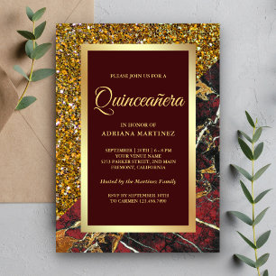 Invitation Faux Or Pailleté Marbre Bordeaux Rouge Quinceanera