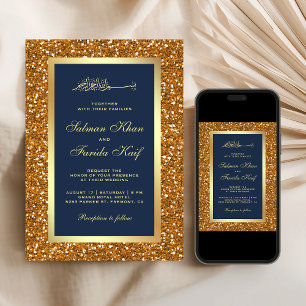 Invitation Faux Or Paillettes Bleu Marine Mariage Islamique M