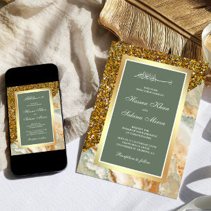 Invitation Faux Or Paillettes Marbre Vert Sauge Mariage Musul