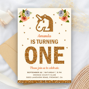 Invitation Faux Or Thème Licorne Floral pour une 1ère Fête d'