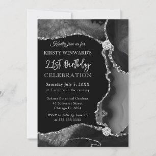 Invitation Faux pailleté noir et argent Agate Anniversaire