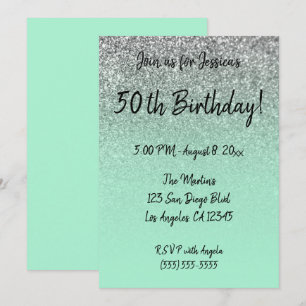 Invitation Faux Paillettes Argent Vert Menthe Ombre 50e Anniv