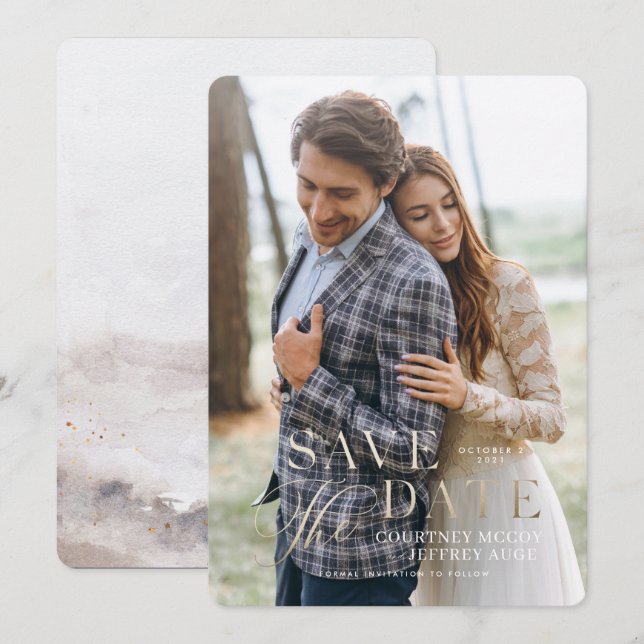 Invitation Faux papier doré automne mariage save the date (Devant / Derrière)