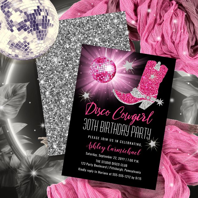 Invitation Faux Parties scintillant Disco Rose Cowgirl 30 Ann (Disco Cowgirl 30th Birthday Party Invitations -- Print and/or Download)