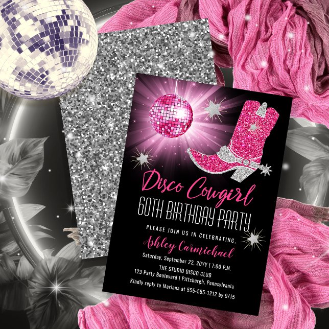 Invitation Faux Parties scintillant Disco Rose Cowgirl 60 Ann (Disco Cowgirl 60th Birthday Party Invitations -- Print and/or Download)